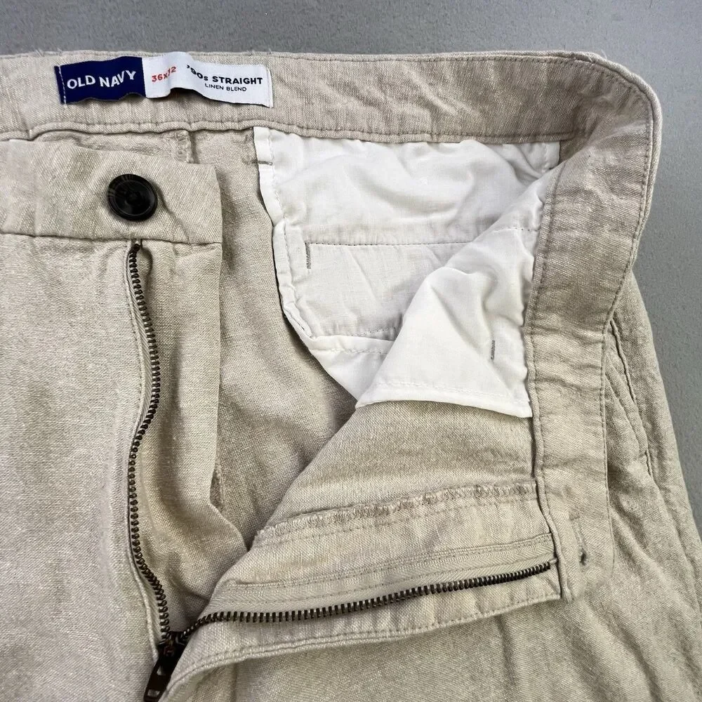 Old Navy 90's Straight Pants Men's 36x32 Sand Beige Linen Blend Khaki Beach